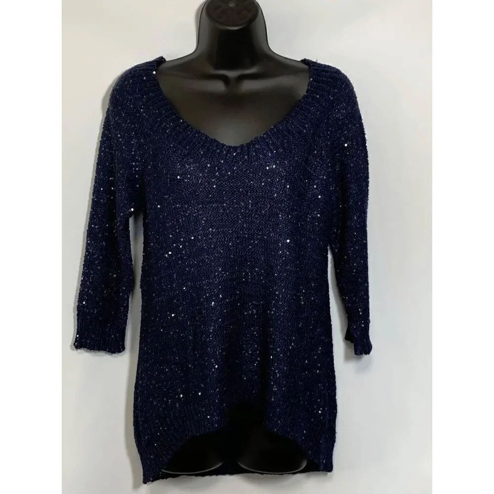 Belldini Womens Sweater Open Knit Shimmer Accent Blue Small